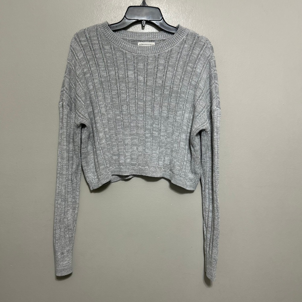 Aeropostale Womens Sweater L Grey Cropped Boxy Ribbed Knit Fisherman Popover Y2k